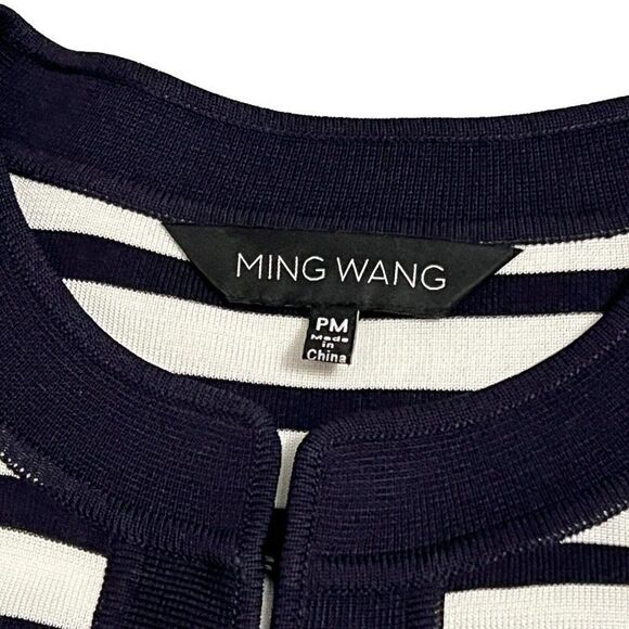 Ming Wang Women's PM Navy Blue White Striped Knit Cardigan Petite Nautical Sail - Picture 2 of 13